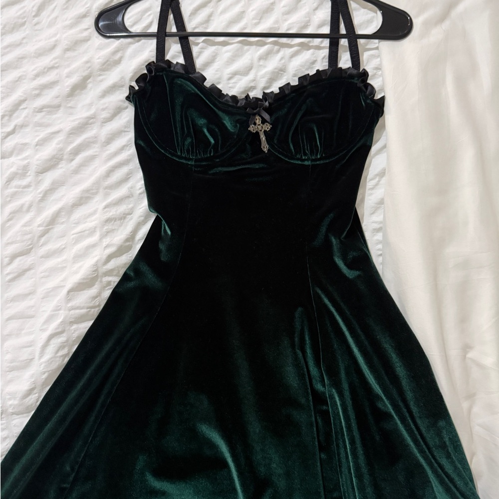 Dolls Kill Velvet Dress in Dark Green and Black